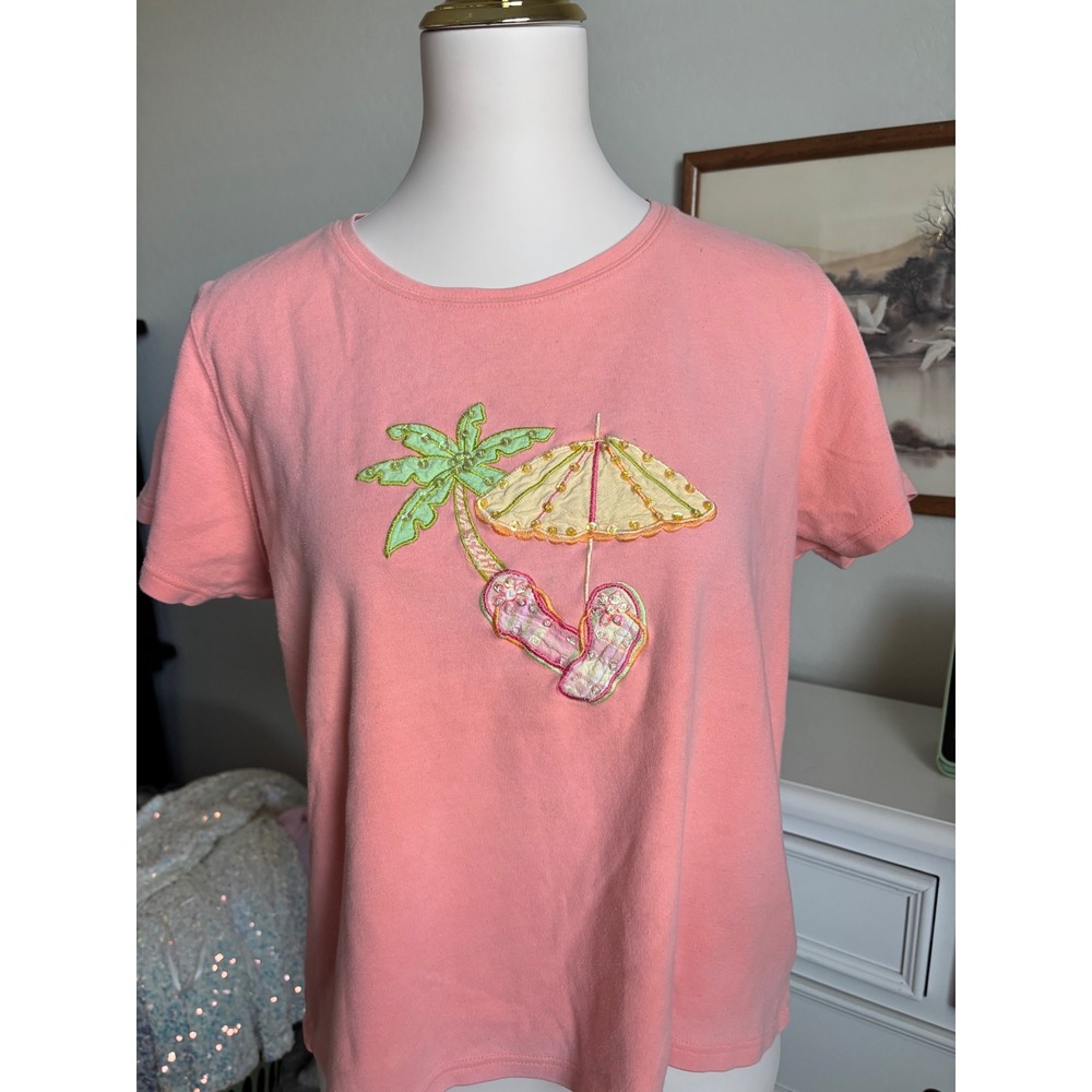 Y2K Tropical Beach Embroidered Sequin Coral Pink Cotton T-Shirt XL